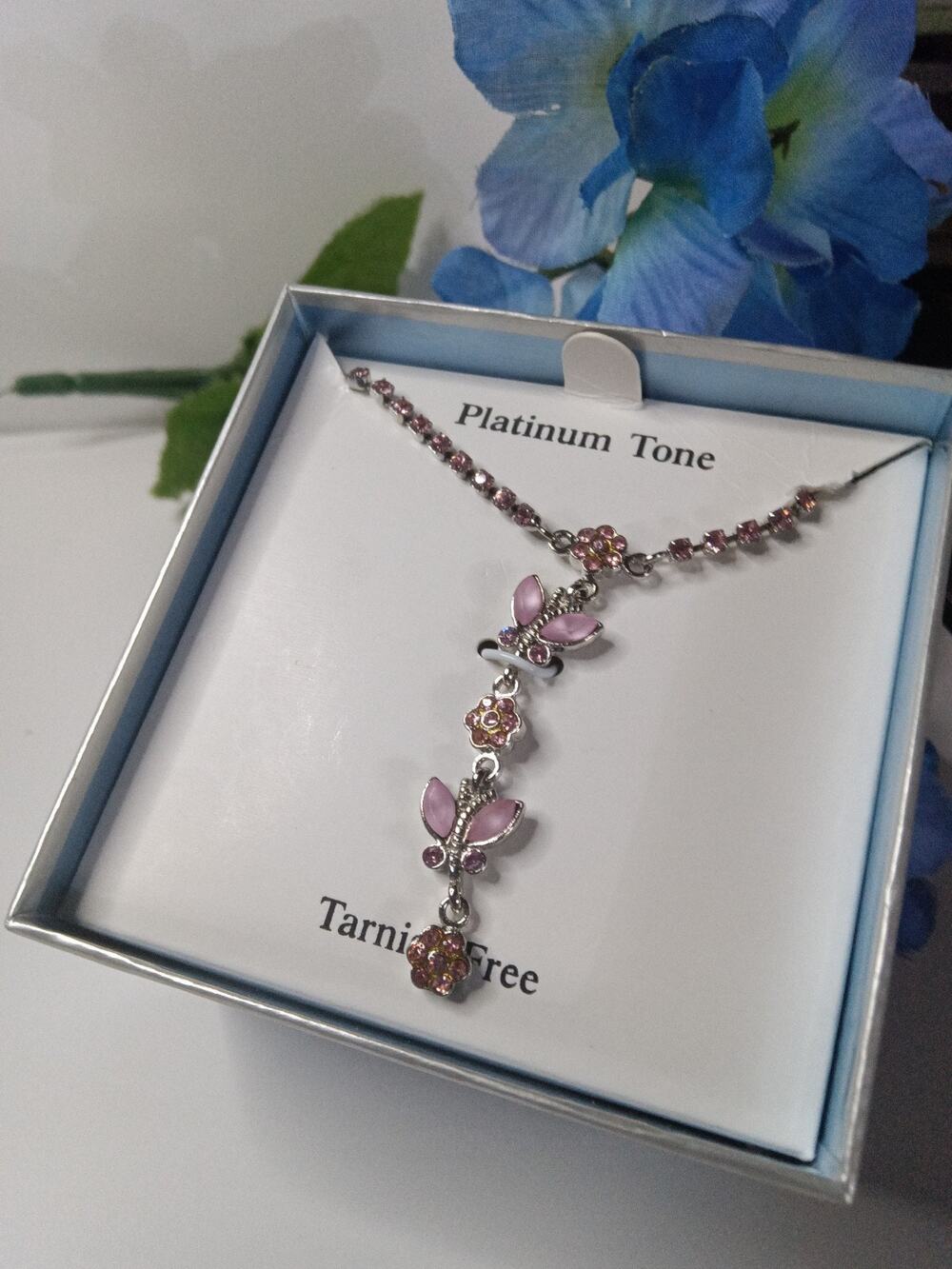 Vintage DaneCraft Platinum Tone Tarnish Free Pink Butterfly & Flower Necklace